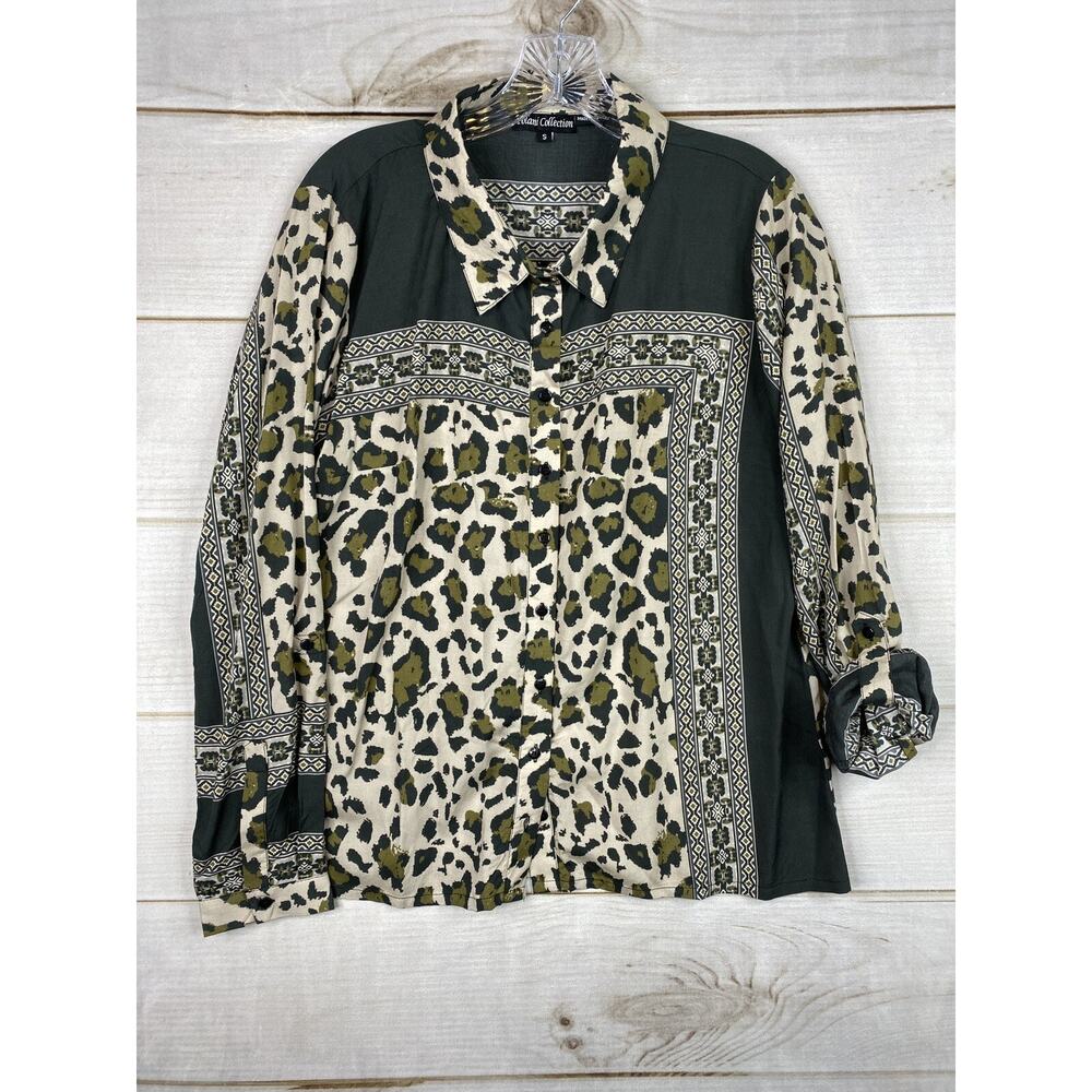 Anthropologie Tolani Collection Top Womens S Animal Print Button Up Roll Tab Slv